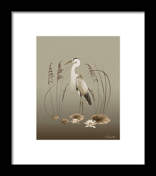Bird Framed Print featuring the digital art Heron And Lotus Flowers by M Spadecaller