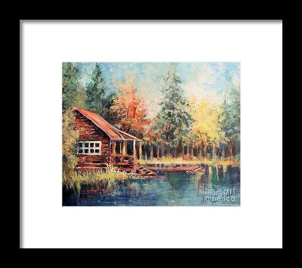 Cabin Framed Print featuring the painting Hide Out Cabin by Linda Shackelford