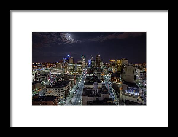 Detroit Framed Print featuring the photograph High above Woodward Avenue at night by Jay Smith