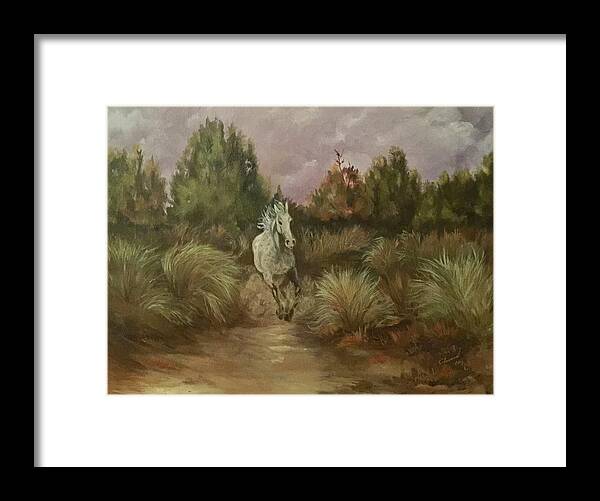 White-spotted Horse Running In The High Desert  Horse Framed Print featuring the painting High Desert Runner by Charme Curtin