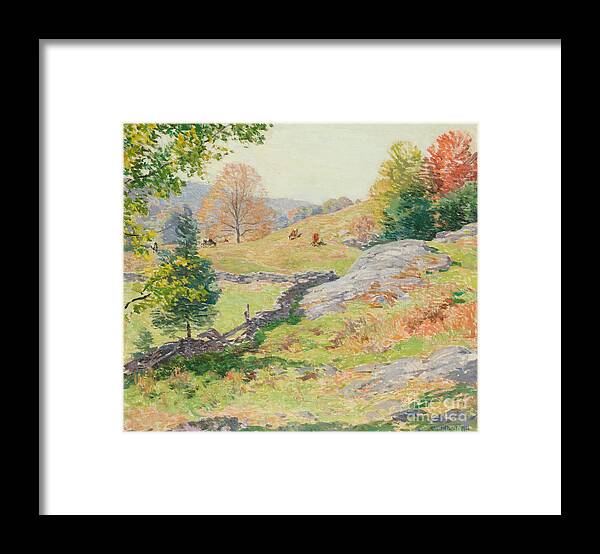 New England Framed Print featuring the painting Hillside Pastures, September, 1922 by Willard Leroy Metcalf