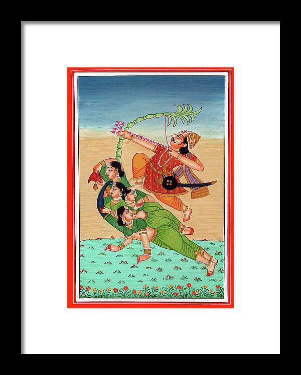 Hindu God Of Sexual Love Kamadeva Parrot Woman Kamasutra Folk Art Painting India Framed Print featuring the painting Hindu God of sexual love Kamadeva Parrot woman Kamasutra Folk Art Painting INDIA Miniature Artwork by A K Mundra