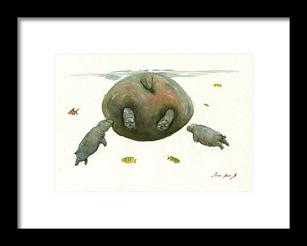 Hippo Framed Print featuring the painting Hippo mom with baby by Juan Bosco