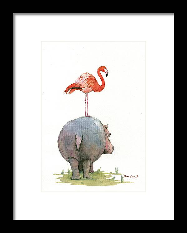 Hippo Art Framed Print featuring the painting Hippo with flamingo by Juan Bosco