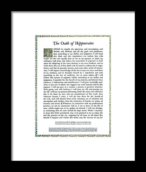 Science Framed Print featuring the photograph Hippocratic Oath, 1938 by Science Source