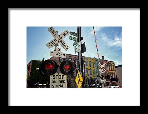 Cross At N River Streets; Intersection; Rr Crossing; Railroad Crossing Framed Print featuring the photograph Historic Depot Town Ypsilanti MI by Pat Cook
