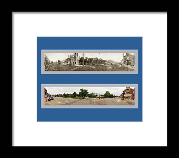 Historic Panorama Panoramic Reproduction Old New Now Then Grinnell Iowa No 1 Framed Print featuring the photograph Historic Grinnell Iowa Panoramic Reproduction No 1 by Ken DePue