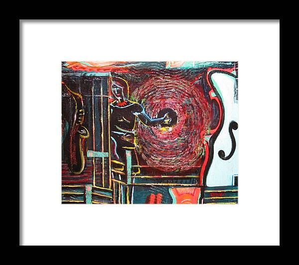 Guitar. Saxophone Framed Print featuring the painting Hitchhiking Through Sound by Dennis Tawes