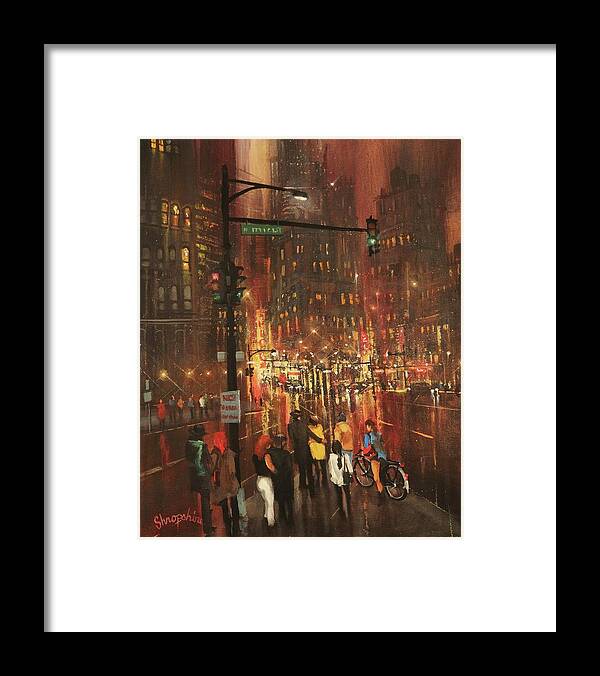 ; Christmas Shopping Framed Print featuring the painting Holiday Shoppers by Tom Shropshire