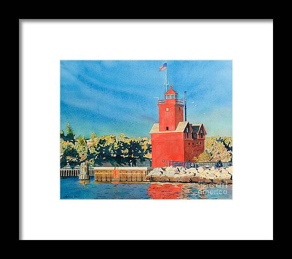Holland Framed Print featuring the painting Holland Lighthouse - Big Red by LeAnne Sowa