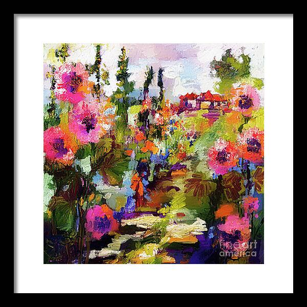 Gardens Framed Print featuring the painting Hollyhock Garden Path Modern Impressionism by Ginette Callaway
