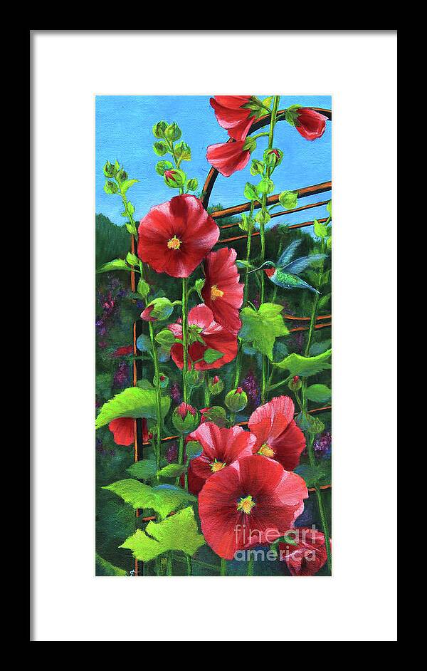 Hollyhock Framed Print featuring the painting Hollyhocks and Hummingbird by Jeanette French