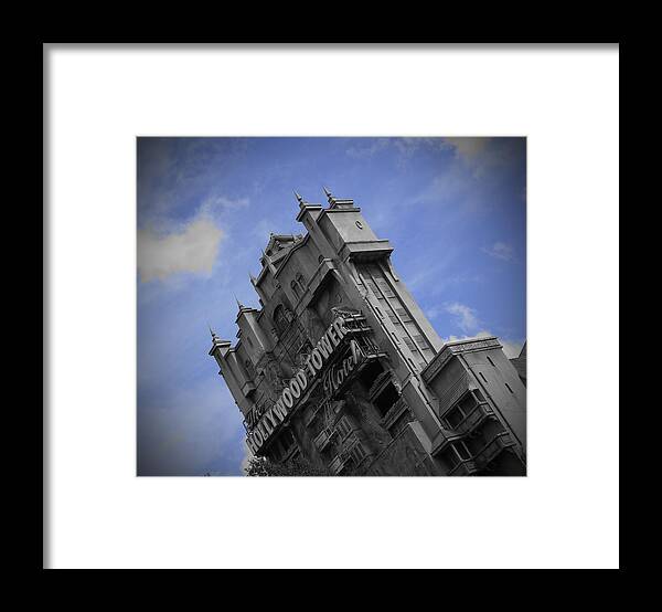 Walt Disney World Hollywood Studios Tower Of Terror Black And White Blue Sky Framed Print featuring the pyrography Hollywood Studio's Tower Of Terror by AK Photography