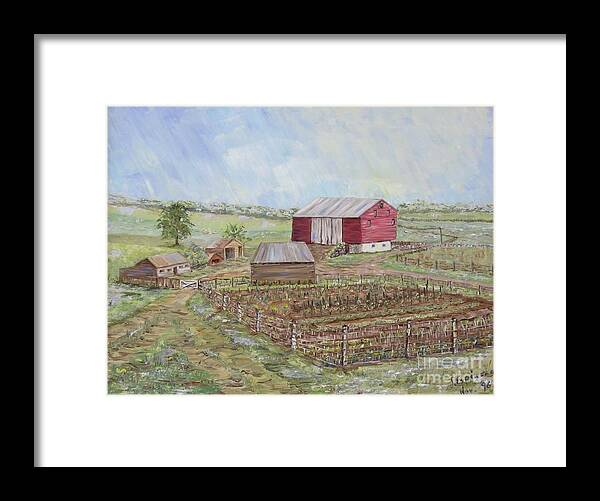 Red Barn With Several Other Small Sheds; Garden In Foreground; Landscape Framed Print featuring the painting Homeplace - The Barn and Vegetable Garden by Judith Espinoza