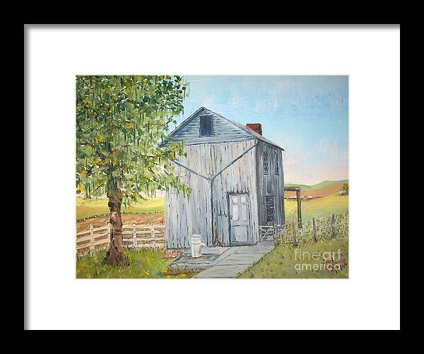 Old Gray Building Beside Green Tree; 2 Kinds Of Fence Framed Print featuring the painting Homeplace - The Washhouse by Judith Espinoza