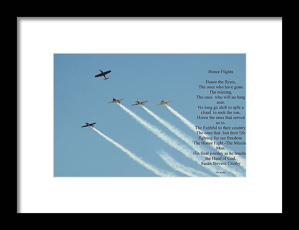 Honor Flight Framed Print featuring the photograph Honor Flight- Missing Man Formation by Susan Stevens Crosby