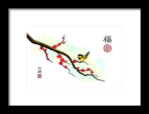 Asian Art Framed Print featuring the digital art Hooded Warbler Prosperity Asian Art by John Wills