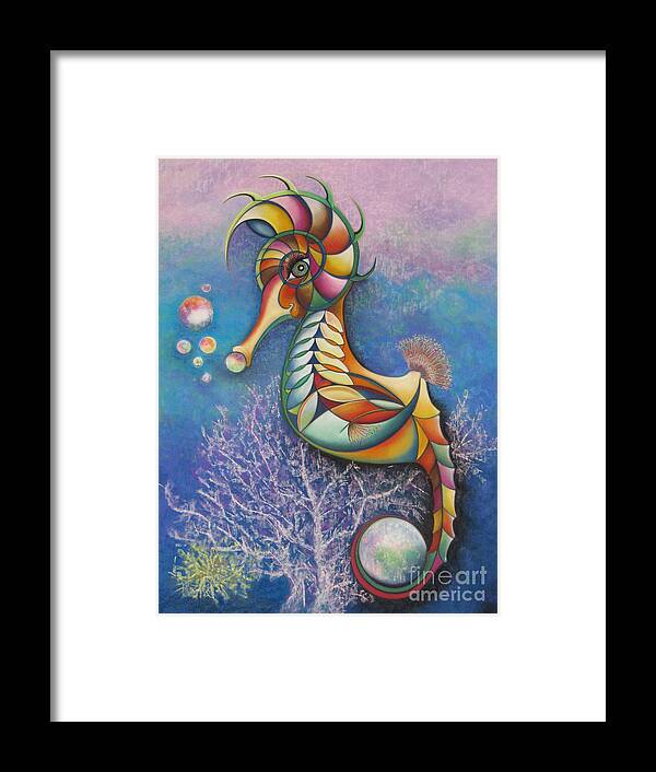 Rainbow Seahorse Holding The World Framed Print featuring the pastel Horse of a Different Color by Tracey Levine