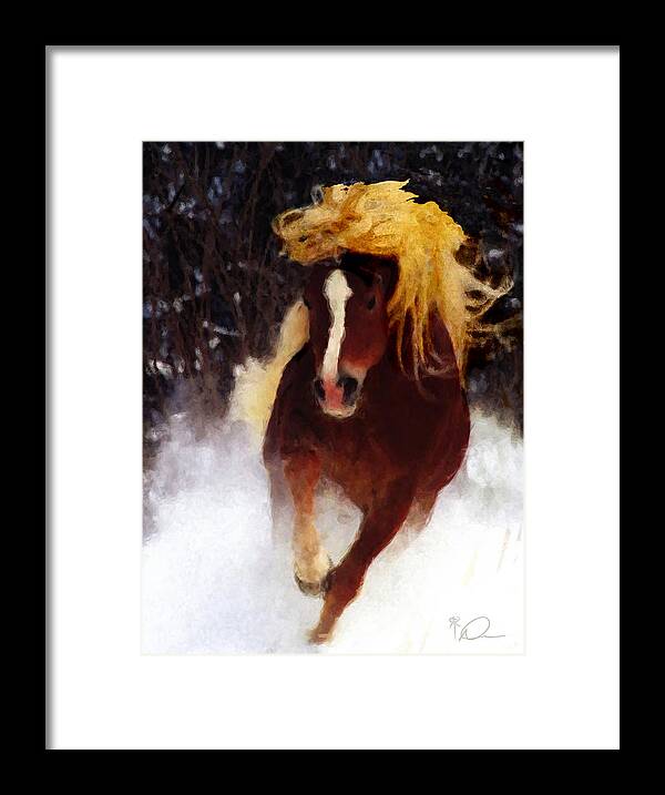 Horse Framed Print featuring the painting Horse Running in Snow by David Derr