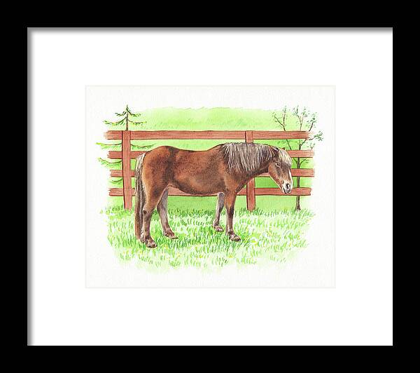 Horse Framed Print featuring the painting Horse Standing At The Ranch Watercolor by Irina Sztukowski