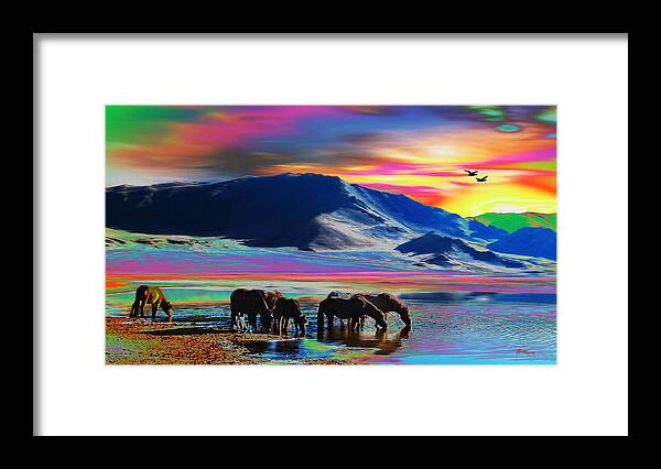 Water Framed Print featuring the digital art Horse Sunrise by Gregory Murray