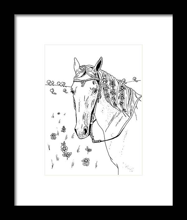 Horse Framed Print featuring the drawing Horse with Flowers in Mane by Masha Batkova