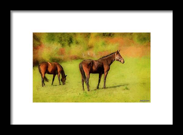 Horse Framed Print featuring the digital art Horses in the Pasture by Ken Morris