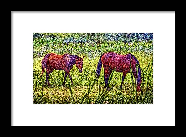 Joelbrucewallach Framed Print featuring the digital art Horses In Tranquil Field by Joel Bruce Wallach