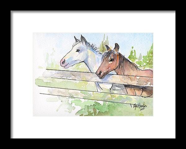 Watercolor Framed Print featuring the painting Horses Watercolor Sketch by Olga Shvartsur
