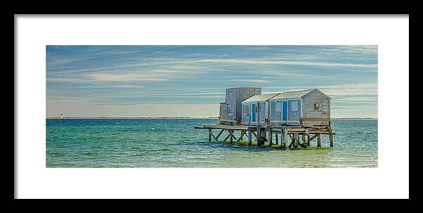 Panorama Framed Print featuring the photograph House On The Beach With Lighthouse Panorama by Darius Aniunas