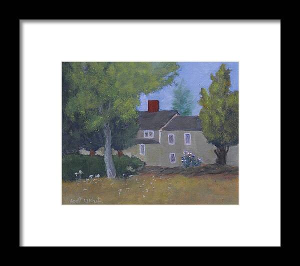 Landscape House Green Sunlit Framed Print featuring the painting House On The Hill by Scott W White