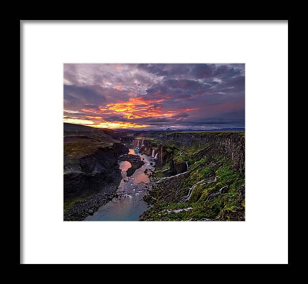 Iceland Framed Print featuring the photograph Sunrise explodes at Hrauneyjafoss by Usha Peddamatham