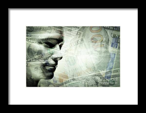Face Framed Print featuring the photograph Human man face and dollars double exposure. by Michal Bednarek