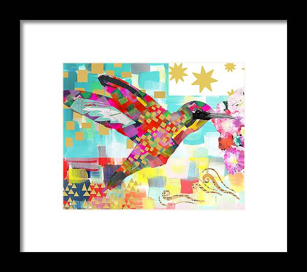Humming Bird Collage Framed Print featuring the mixed media Humming Bird by Claudia Schoen