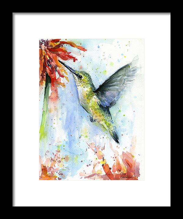 Watercolor Framed Print featuring the painting Hummingbird and Red Flower Watercolor by Olga Shvartsur