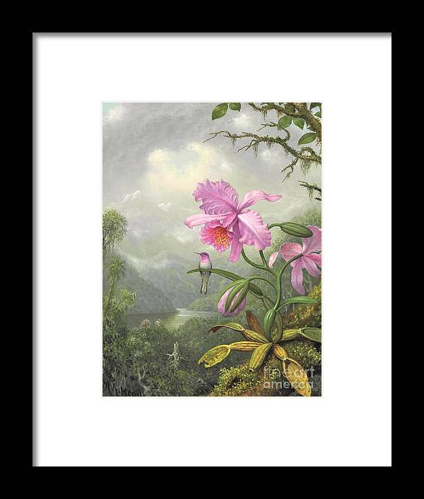 Uspd: Reproduction Framed Print featuring the painting Hummingbird on orchid plant by Thea Recuerdo