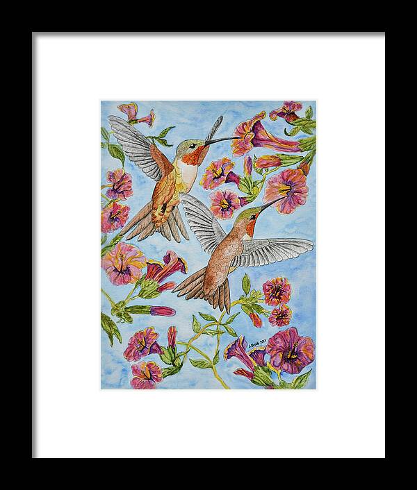 Linda Brody Framed Print featuring the painting Hummingbirds and Hibiscus II by Linda Brody