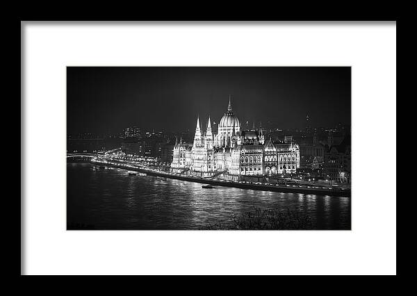 Joan Carroll Framed Print featuring the photograph Hungarian Parliament Night BW by Joan Carroll