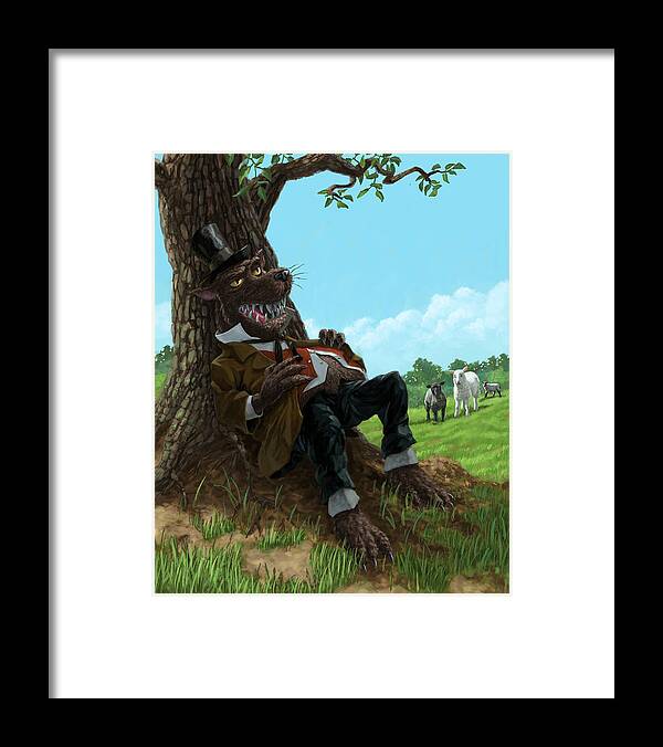 Hungry Framed Print featuring the painting Hungry Bad Wolf In Field With Little Sheep by Martin Davey