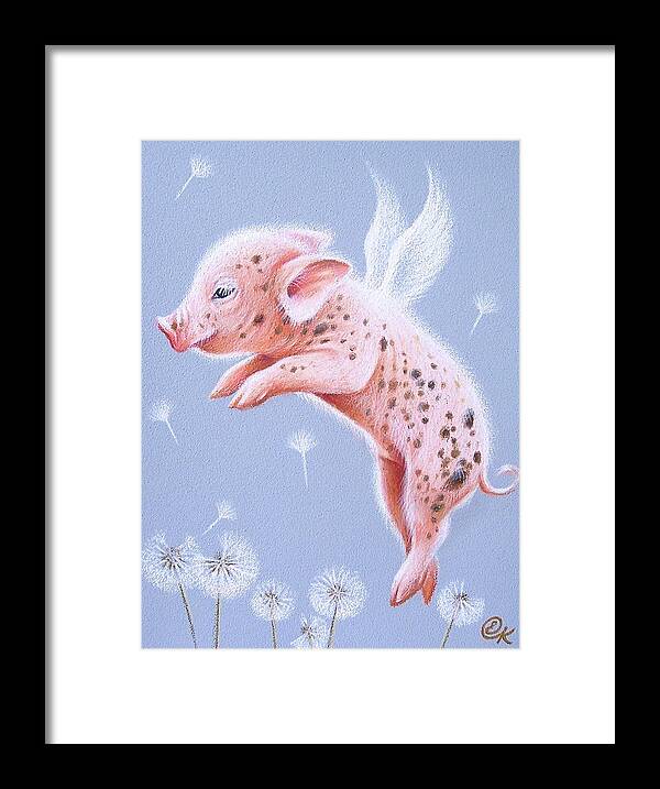Pig Framed Print featuring the drawing I can fly too by Elena Kolotusha