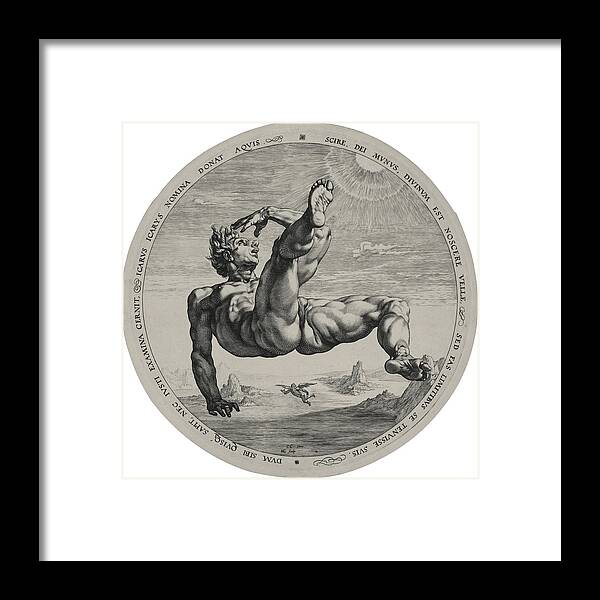Hendrik Goltzius Framed Print featuring the drawing Icarus From The Four Disgracers Series by Hendrik Goltzius