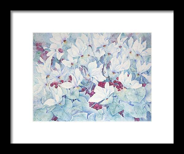 Watercolor Framed Print featuring the painting Icy Cyclamens by Lisa Vincent
