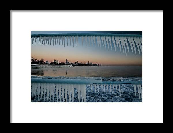 Icicles Framed Print featuring the photograph Icicles and Chicago Skyline by Sven Brogren