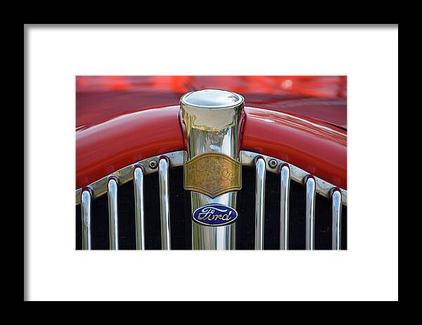 Glacier Framed Print featuring the photograph Iconic Grill of a Red Bus in Glacier National Park 03 by Bruce Gourley