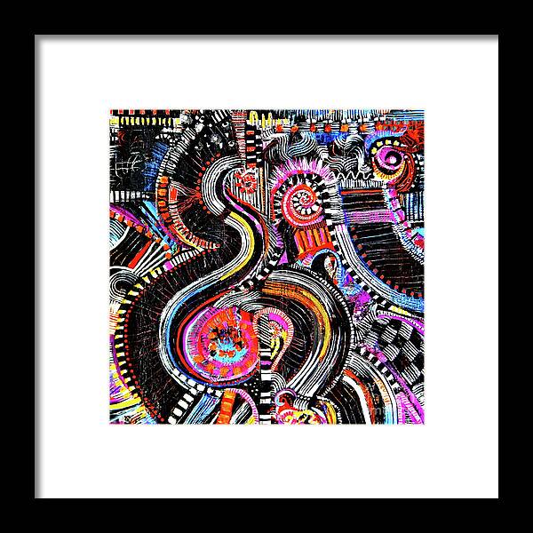 Channeling My Inner Aboriginal Artist .this Amusement Park Ride Of An Abstract Grabs Your Attention As Your Brain Attempts To Make Sense Of What It Sees .give Up Now .its All Just For Fun .black Dominate Hot Colors Accent Throughout. Framed Print featuring the painting I'll cross that bridge when i come to it by Priscilla Batzell Expressionist Art Studio Gallery