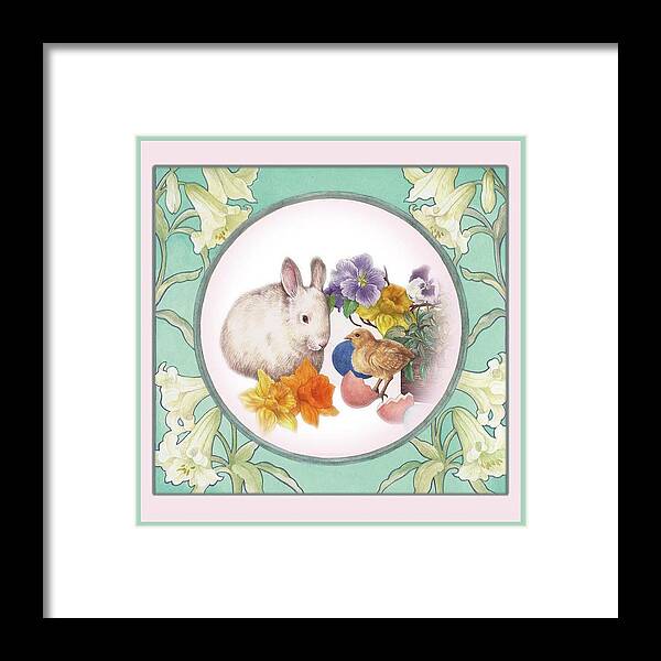 Easter Bunny Framed Print featuring the painting Illustrated Bunny with Easter Floral by Judith Cheng
