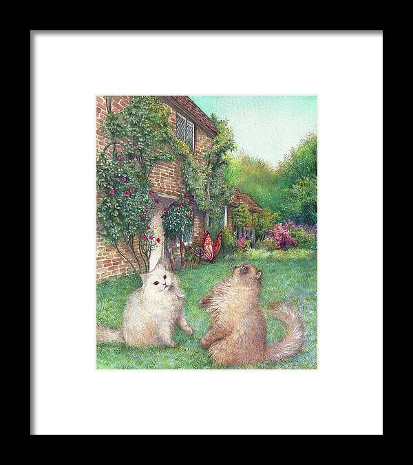 Illustrated Cats Framed Print featuring the painting Illustrated cats in English Cottage Garden by Judith Cheng
