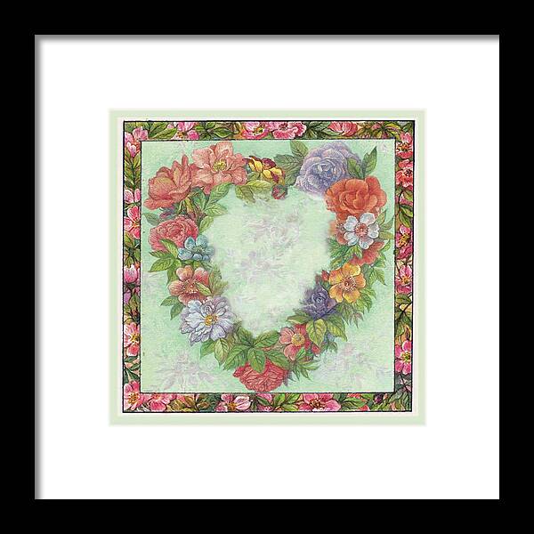 Painted Roses Framed Print featuring the painting Illustrated Heart Wreath by Judith Cheng