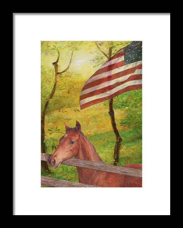 Illustrated Horse Framed Print featuring the painting Illustrated Horse in golden meadow by Judith Cheng