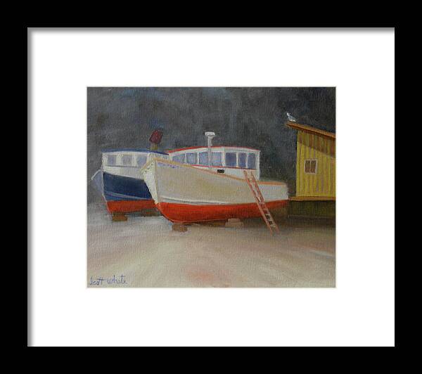 Boats Landscape Building Framed Print featuring the painting In For Repair by Scott W White